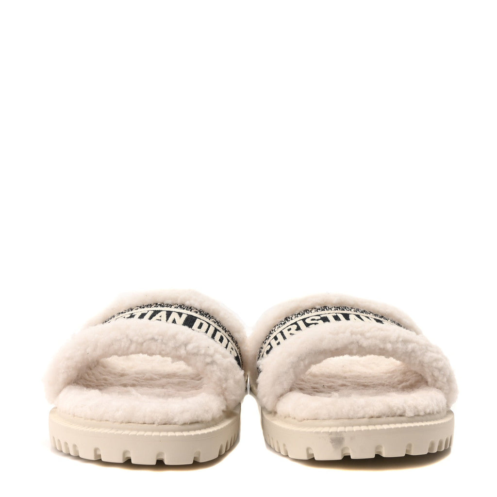 Shearling Canvas Embroidered Dway 10mm Slide Sandals 39 Natural Deep Blue