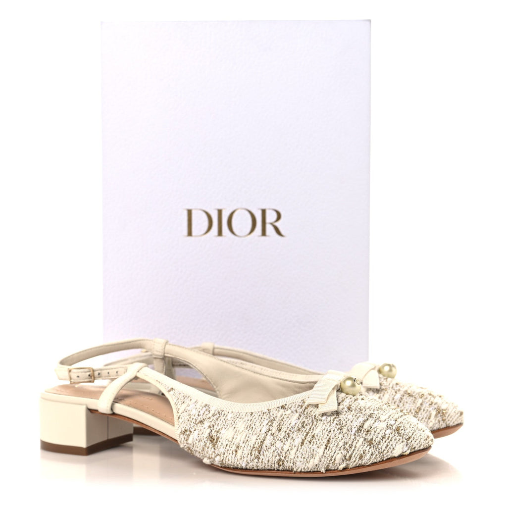 Tweed Cannage Slingback Ballet Pumps 39 White Gold