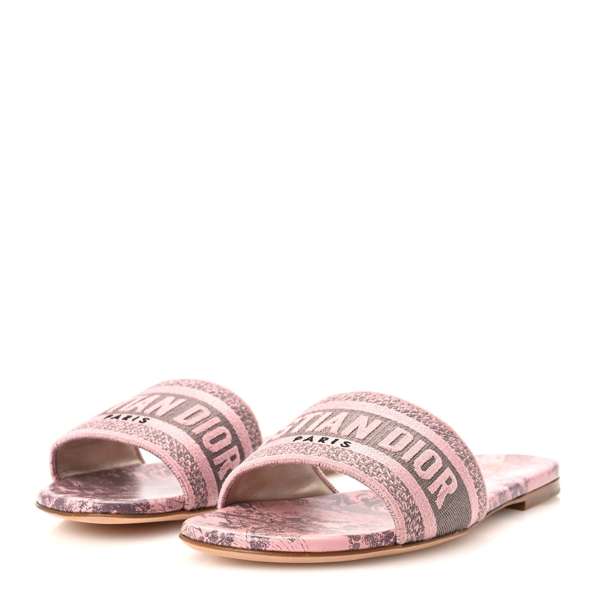 Canvas Toile De Jouy Embroidered Dway Flat Slide Sandals 36 Chateau Rose